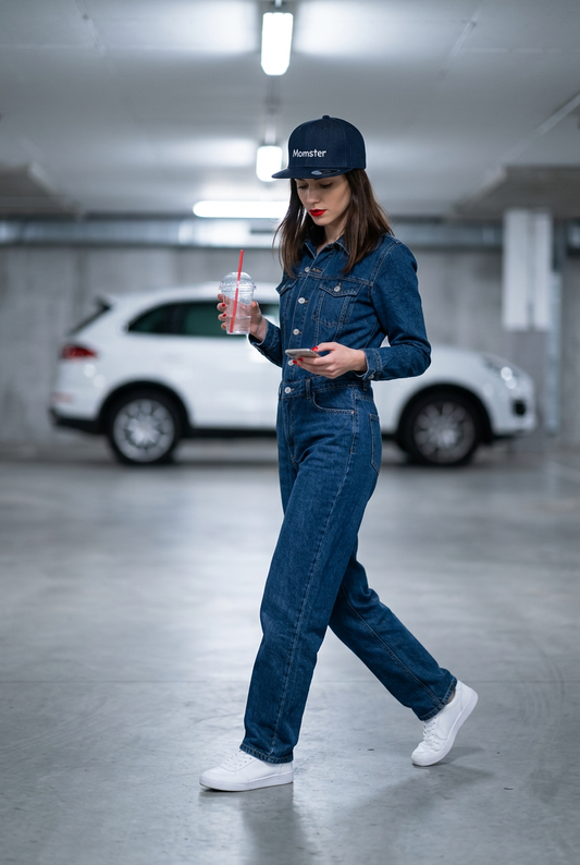 Жена със Snapback шапка Momster от деним
